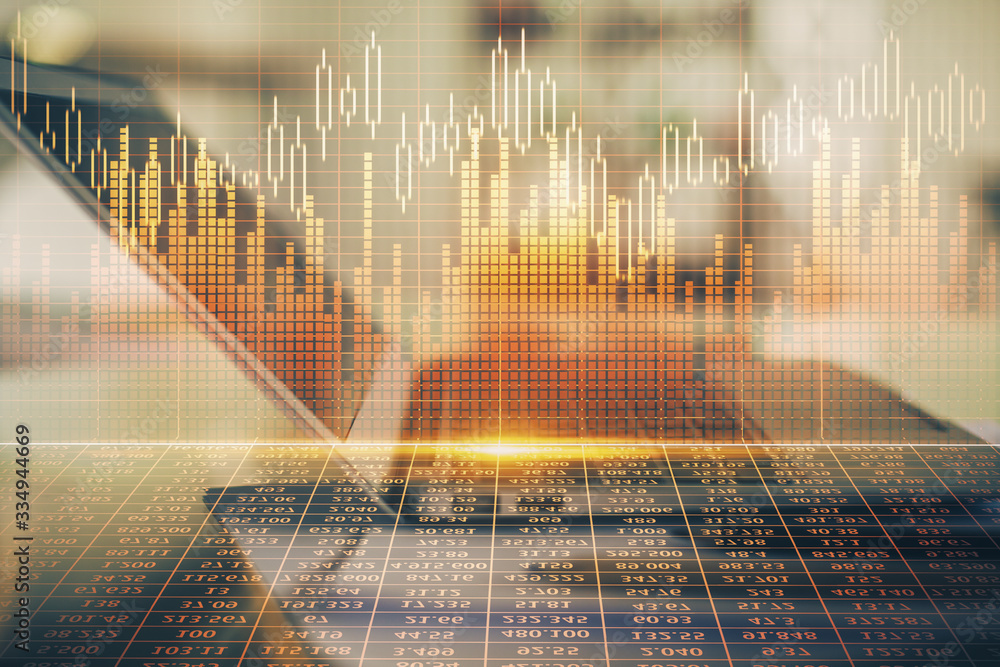 Poster forex graph hologram on table with computer background. double exposure. concept of financial market