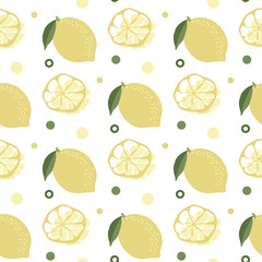 Citrus fruit seamless pattern. Lemon, slice of lemon on white background. Vector illustration retro style. Summer template food. Repeating texture. Modern ornament. Design paper, wallpaper, textile.