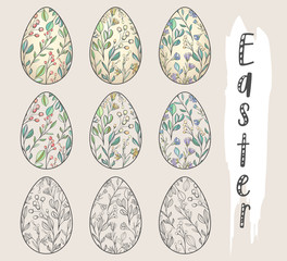 Set of Easter eggs, outline, stroke.