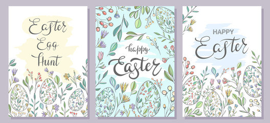 Fototapeta premium Set of Easter cards / posters with spring flowers and painted eggs