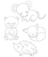 Children cute coloring book baby forest animals cartoon mouse mice bear fox hedgehog colorless isolated on white background
