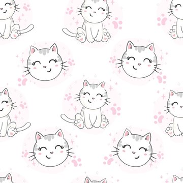 Seamless vector pattern with cats. Smiling cute cats background.