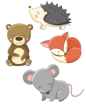 Children cute baby forest animals cartoon  squirrel mouse mice bear fox hedgehog colored isolated on white background