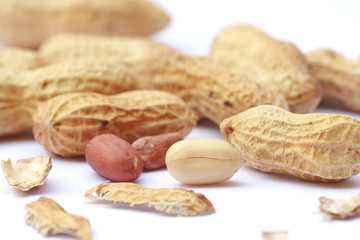 Close up peanuts on blurred  background, selective focus