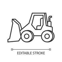 Naklejka premium Bulldozer pixel perfect linear icon. Road works industrial truck. Dozer for ground loading. Thin line customizable illustration. Contour symbol. Vector isolated outline drawing. Editable stroke