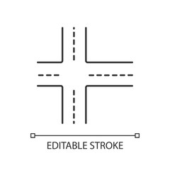 Obraz premium Crossroad pixel perfect linear icon. Intersection of roads. Crossing ways. Crossed motorway. Thin line customizable illustration. Contour symbol. Vector isolated outline drawing. Editable stroke