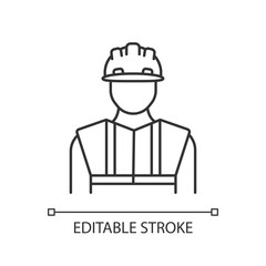 Worker in uniform pixel perfect linear icon. Construction builder in hardhat. Safety helmet. Thin line customizable illustration. Contour symbol. Vector isolated outline drawing. Editable stroke