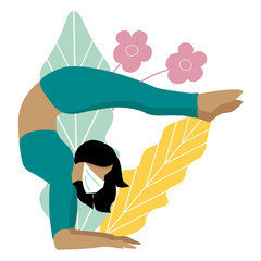 KOVID-19 prevention. Beautiful athletic girl in a mask does yoga at home.