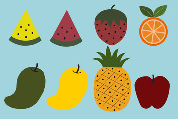 Set of fruits on blue background.
