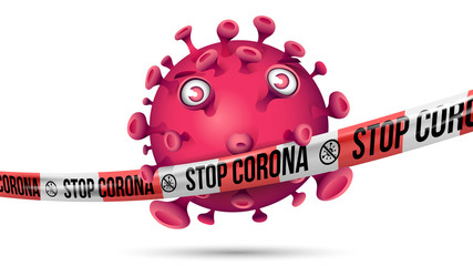 Purple red virus behind stretched red-white barrier tape with imprint - Stop Corona