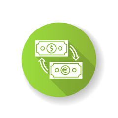 Fototapeta premium Money exchange green flat design long shadow glyph icon. Change dollar banknote for euro. Cash payment. Finance management. Bank services. Budget planning. Silhouette RGB color illustration