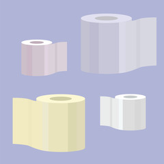 Background of four rolls of toilet paper of different colors and sizes. Toilet paper design. Yellow, pink, white, blue toilet paper. Vector illustration of hygiene supplies