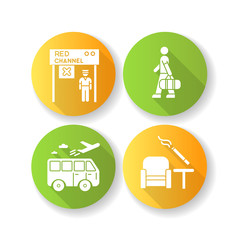 Airport terminal flat design long shadow glyph icons set. Boarding passage closed. Male passenger with bag. Smoking zone inside. Transportation for travel. Silhouette RGB color illustration