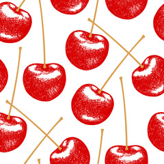 Seamless pattern of bright red exquisite cherries