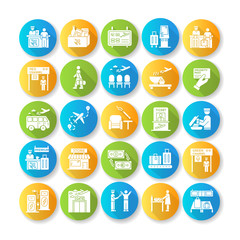 Airport terminal flat design long shadow glyph icons set. Boarding pass. Flight information. Smoking area. Lounge for passenger waiting. Airline services. Silhouette RGB color illustration