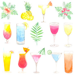 Watercolor cocktails set. Perfect for decorating postcards, invitations, menus and other printing designs. Also used in textile design, souvenir products, web sites, personal blogs and in other fields