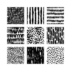 Set of monochrome, black seamless textures, patterns, backgrounds. Simple brush lines, stripes, strokes, hatches, dots