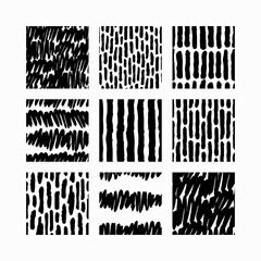 Set of monochrome, black seamless textures, patterns, backgrounds. Simple lines, stripes, strokes, hatches