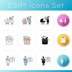 Babysitting services icons set. Woman with rattle toy. Mother with baby stroller. Cook dinner. 24 7 hour babysitter help. Linear, black and RGB color styles. Isolated vector illustrations