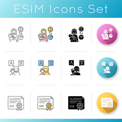 Babysitting services icons set. Income from babysitting services. Earn money for child care. Mother teaching toddler to speak. Linear, black and RGB color styles. Isolated vector illustrations