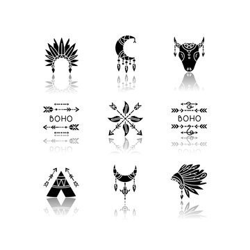 Native american accessories drop shadow black glyph icons set. Tribe chief hat and teepee. Boho dreamcatcher amulets. Moon, arrows and feathers charm. Isolated vector illustrations on white space