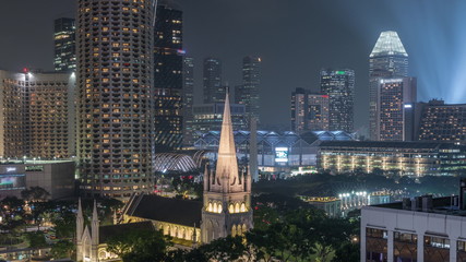 St. Andrew's Cathedral aerial night timelapse. It is an Anglican cathedral in Singapore, the...