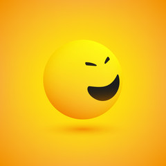 Laughing Simple Shiny Happy Emoticon on Yellow Background, View from Side - Vector Design