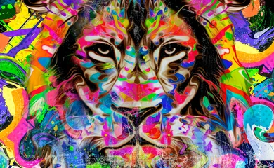 Poster Im Rahmen Löwenkopf mit kreativem abstraktem Element auf dunklem Hintergrund © reznik_val