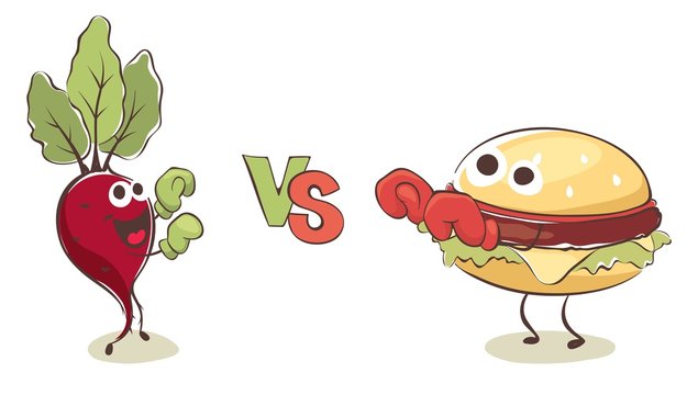 Healthy Food vs. Fast Food. Hamburger in boxing gloves fights against beets in boxing gloves, funny vector illustrations.