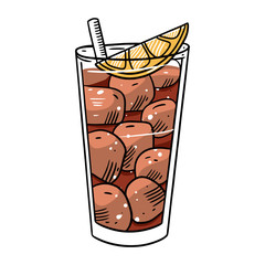 Alcohol cocktail whiskey with cola. Hand drawn flat style. Cartoon vector illustration. Isolated on white background.