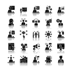 Freelance professions drop shadow black glyph icons set. Web development and graphic designing, tutoring and copywriting. HR management, data entry jobs. Isolated vector illustrations on white space