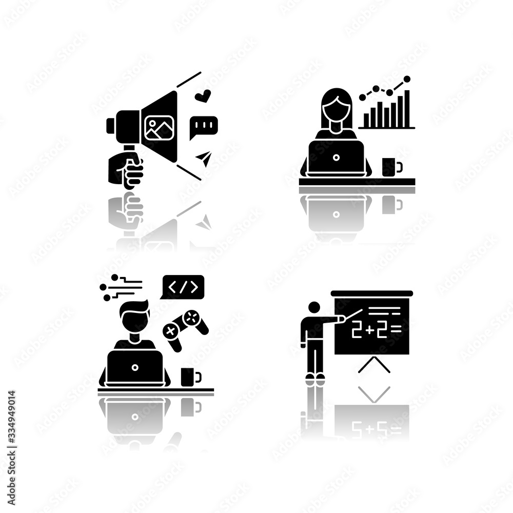 Sticker freelance professions drop shadow black glyph icons set. marketologist and social media coordinator,