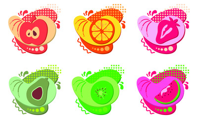 Set of stickers and badges of healthy and organic food. Vector illustration.