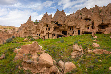 The abandoned rock carved village of Zelve, Zelve open air museum, Cappadocia, Turkey