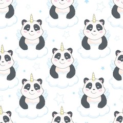 Vector seamless pattern with cute panda bear character with unicorn horn. Panda-unicorn in cartoon style, flat design. Bearcat pattern for print. Funny magic fantasy animal for children. Pandacorn.