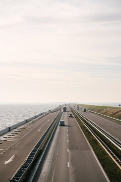The Afsluitdijk in The Netherlands, cutting off the North Sea and connecting Friesland and North Holland.