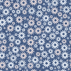 Vector Daisies. Denim floral background. Jeans background with flowers. Denim seamless pattern. Blue jeans cloth.