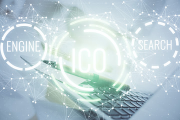 Multi exposure of blockchain and crypto economy theme hologram and table with computer background. Concept of bitcoin cryptocurrency.