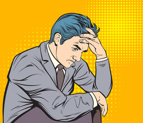 Worried business people have to think hard. Pop art hand drawn style vector design illustrations.
