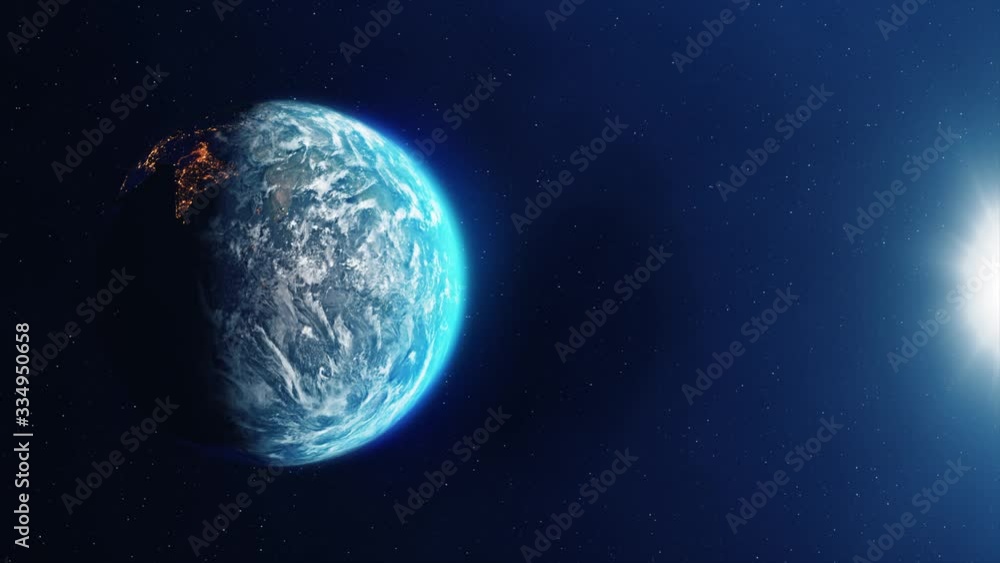 Poster planet earth rotating at night and day from space with stars loop animation 3d 4k. space, planet, ga