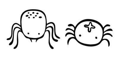 Ladybug, ant, snail, caterpillar, dragonfly, spider. Seth are thick, small, simple insects in a doodle style. Line insect. Print for children's coloring, print for clothes, t-shirts, cups, postcard. B