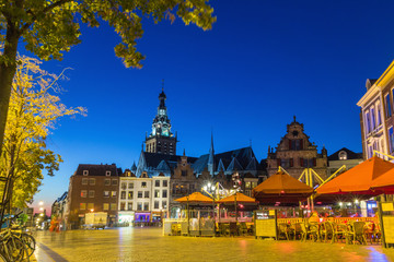 Cityscape of Nijmegen squre citycenter at dusk twilight, The Netherlands