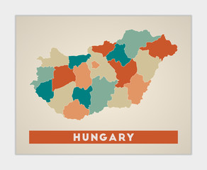 Hungary poster. Map of the country with colorful regions. Shape of Hungary with country name. Charming vector illustration.