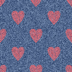 Vector Denim seamless pattern. Jeans background with hearts. Blue jeans cloth. Valentine's Day