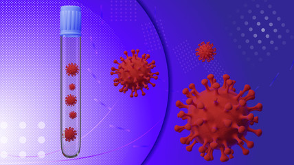 Coronavirus in glass vial with red viruses medical poster template