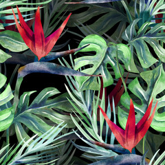 Exotische Pflanze nahtlose Muster. Aquarell-Hintergrund mit Strelitzia-Blumen.