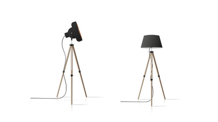 A set of lamps in the loft style. Wooden tripod, black lampshade. Element for the design of an apartment, room, bedroom. Isolated on a white background. Vector.