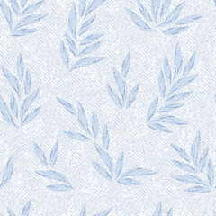 Vector Jeans background with leaves. Denim seamless pattern. Blue jeans cloth.