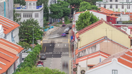 Aerial view of art deco shophouses along Neil road in Chinatown area timelapse