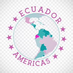 Ecuador round logo. Badge of country with map of Ecuador in world context. Country sticker stamp with globe map and round text. Superb vector illustration.